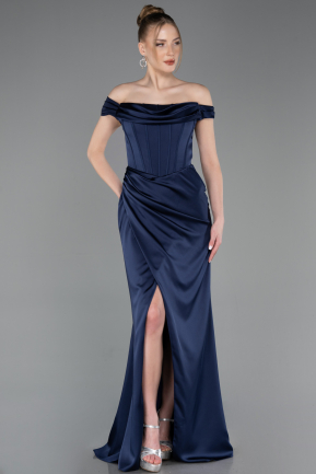 Long Navy Blue Satin Evening Dress ABU5976