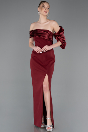 Burgundy Off Shoulder Satin Drape Slit Evening Gown ABU4024