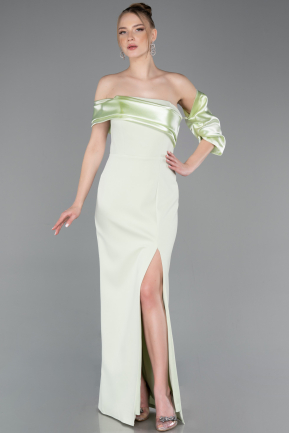 Mint Off Shoulder Satin Drape Slit Evening Gown ABU4024