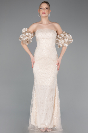 Beige Long Beaded Evening Dress ABU4616