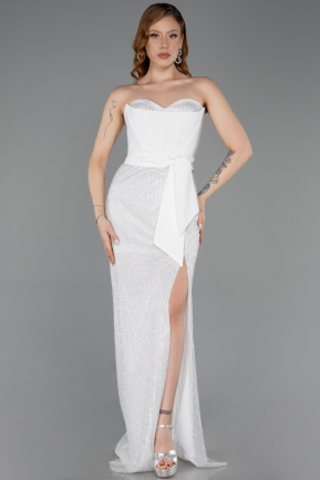Long White Beaded Evening Dress ABU5988
