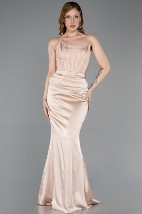 Long Beige Satin Evening Dress ABU6000