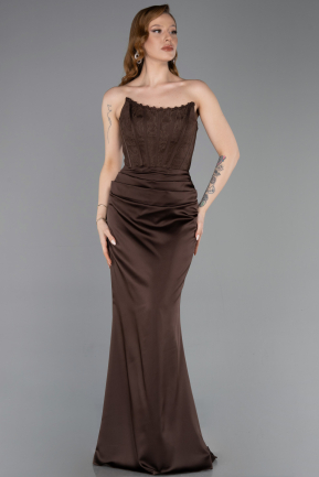 Long Brown Satin Evening Dress ABU6000