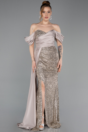 Beige Boat Neck Slit Long Sequined Evening Gown ABU4085