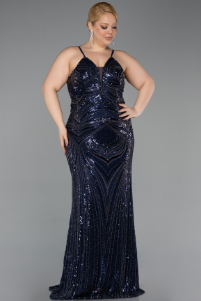 Long Navy Blue Beaded Plus Size Evening Dress ABU6013