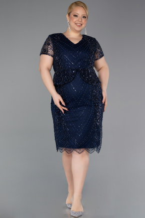 Short Navy Blue Beaded Plus Size Cocktail Dress ABK2584