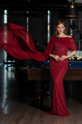Long Burgundy Beaded Evening Dress ABU5816