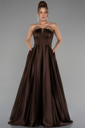 Brown Long Satin Prom Gown ABU5105