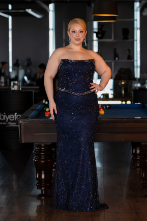 Long Navy Blue Dantelle Plus Size Evening Gown ABU5994