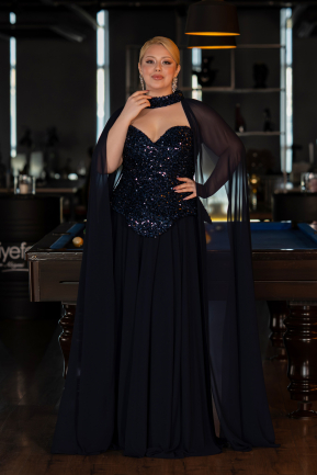 Long Navy Blue Chiffon Plus Size Evening Gown ABU5940