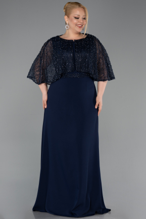 Long Navy Blue Chiffon Plus Size Evening Dress ABU6063