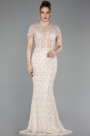 Beige Long Beaded Mermaid Evening Gown ABU5697