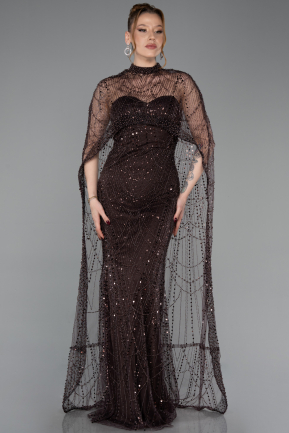 Brown Strapless Shawl Stoned Long Evening Gown ABU4517