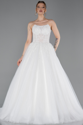 Long White Satin Wedding Dress ABG097