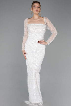White Long Beaded Evening Dress ABU5699