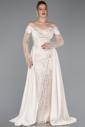 Beige Long Beaded Evening Dress ABU5934