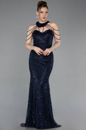 Long Navy Blue Beaded Evening Dress ABU6073
