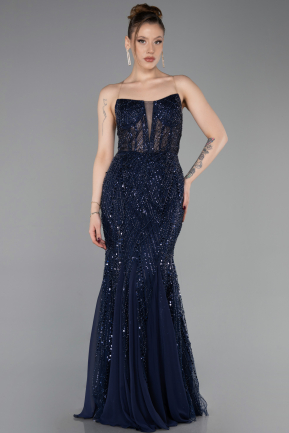 Long Navy Blue Beaded Evening Dress ABU6080