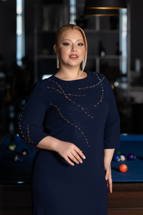 Navy Blue Midi Plus Size Evening Dress ABK1621