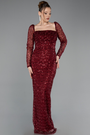Burgundy Long Beaded Evening Dress ABU5699