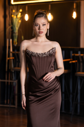 Long Dark Brown Satin Mermaid Evening Gown ABU6109