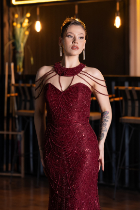 Long Burgundy Beaded Evening Dress ABU6073