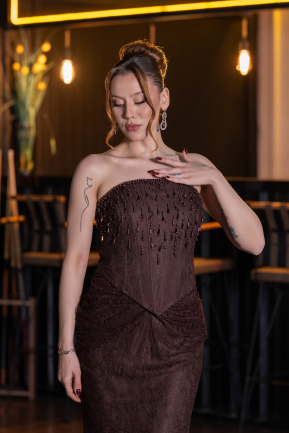 Long Brown Dantelle Evening Dress ABU6089