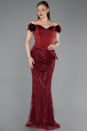 Burgundy Long Beaded Evening Dress ABU5616