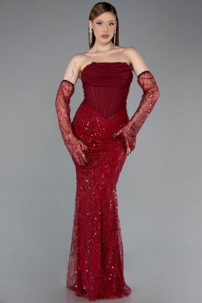 Burgundy Long Beaded Evening Dress ABU5922