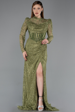 Olive Drab Long Dantelle Evening Dress ABU5771