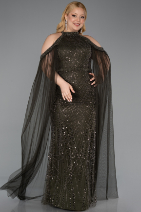 Long Olive Drab Beaded Plus Size Evening Dress ABU6118