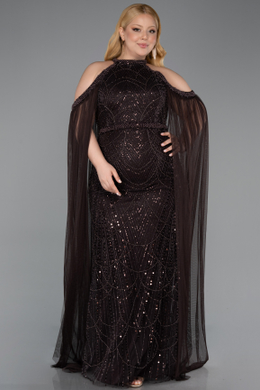 Long Brown Beaded Plus Size Evening Dress ABU6118