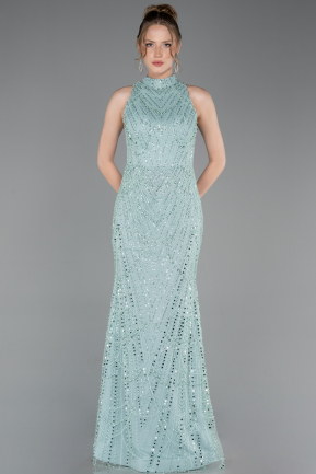Mint Halter Neck Long Beaded Mermaid Evening Gown ABU4791