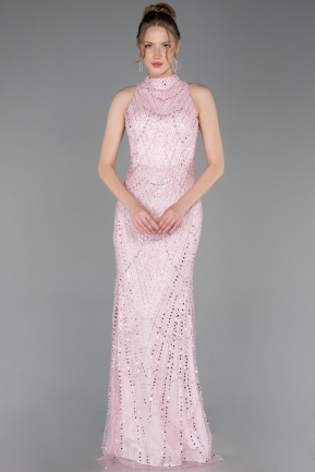 Powder Color Halter Neck Long Beaded Mermaid Evening Gown ABU4791