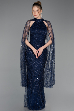 Long Navy Blue Beaded Evening Dress ABU6154