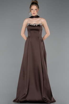 Long Brown Satin Evening Dress ABU6156