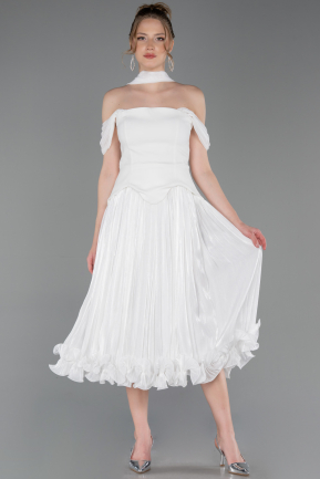 Midi White Chiffon Cocktail Dress ABK2619