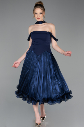 Midi Navy Blue Chiffon Cocktail Dress ABK2619