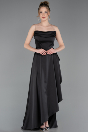 Long Black Satin Prom Gown ABU6130