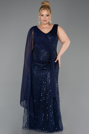 Long Navy Blue Beaded Plus Size Evening Gown ABU6133