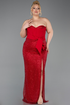 Long Red Beaded Plus Size Evening Dress ABU5989