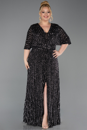Black-Silver Long Scaly Plus Size Evening Gown ABU5846