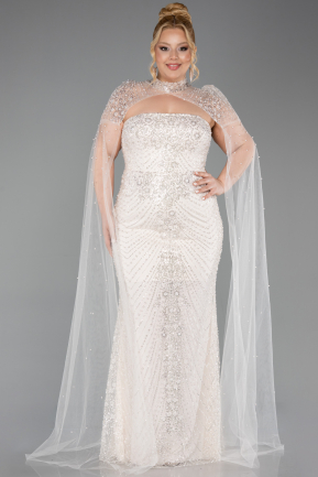 Long Beige Beaded Plus Size Evening Dress ABU6162