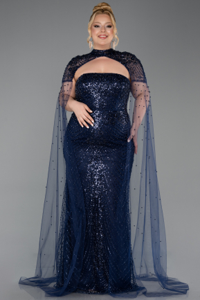 Long Navy Blue Beaded Plus Size Evening Dress ABU6162