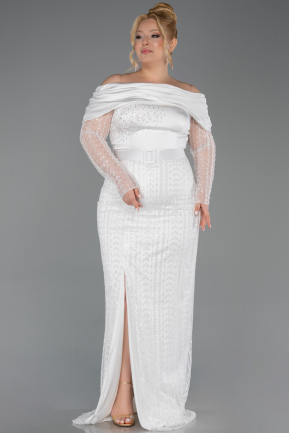 Long White Beaded Oversized Evening Dress ABU6187