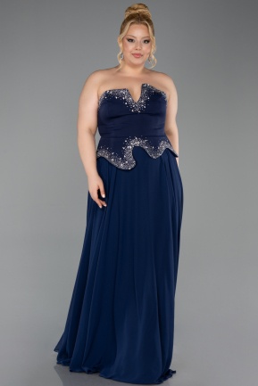 Long Navy Blue Chiffon Plus Size Evening Dress ABU6189