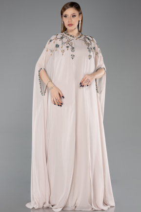 Long Beige Chiffon Plus Size Evening Gown ABU6175