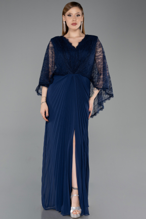 Long Navy Blue Chiffon Plus Size Evening Gown ABU6181