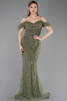 Long Olive Drab Beaded Evening Dress ABU6190