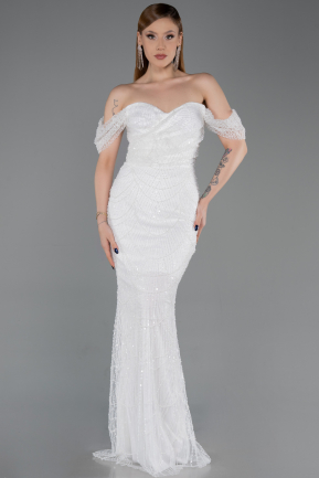White Long Beaded Evening Dress ABU5557